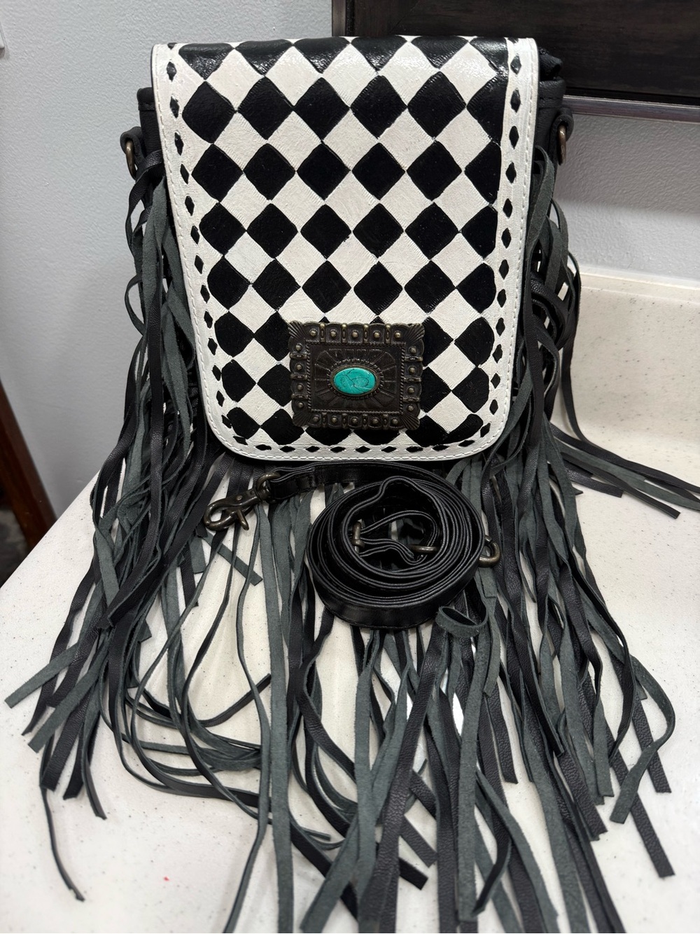 Black & White Fringe Crossbody Bag with Turquoise Accent